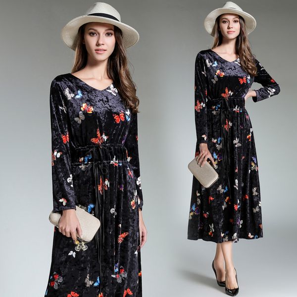 

velvet butterfly print drawstring wasit tunic maxi dress women elegant vintage party fashion dress spring clothing black, Black;gray
