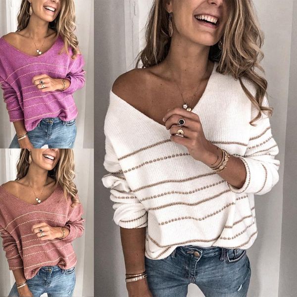 

2020 spring fashion popular v-neck women's sweater stripe casual knitwear long sleeve comfortable street style top, White;black