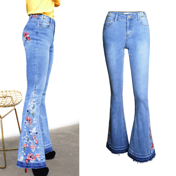 

new fall spring women's wide-leg pants fashion casual denim flared pants female embroidered embroidered trousers plus size, Blue