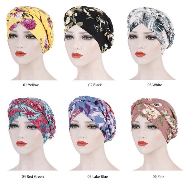 Muslimische Frauen Geflecht Chemo Kappe Bedrucktes Kopftuch Wrap Turban Hut Islamischer Indischer Hut Arabische Motorhaube Mützen Skullies Kappe 58CM