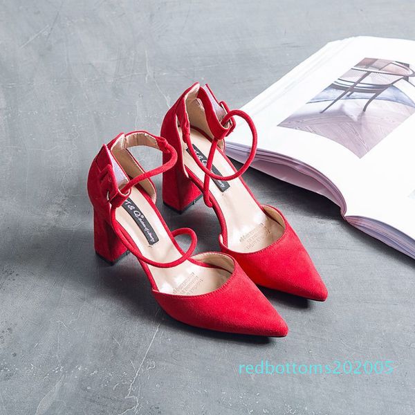 

europe and america 2020 new thick heel suede ladies high heel sandals red women banquet shoes wedding shoes r05, Black