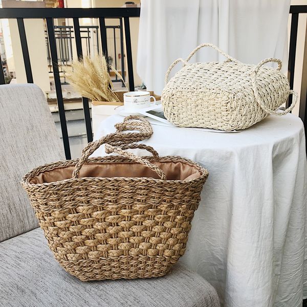 

2020 new solid color retro straw bag shoulder woven bag casual handbag beach