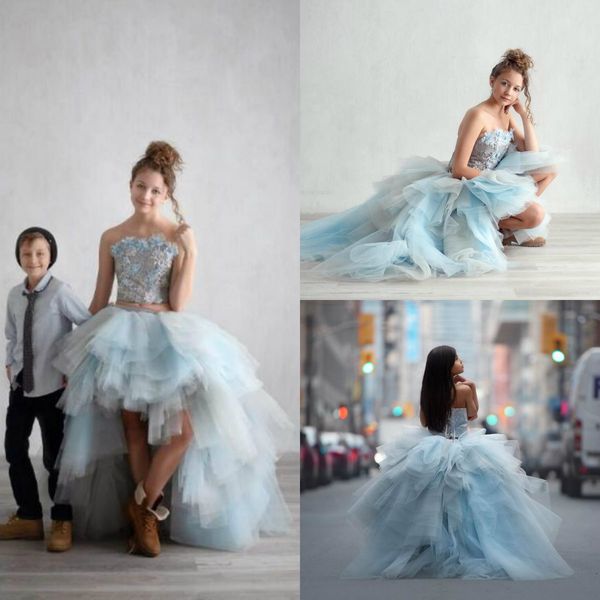 

cute high low flower girl dresses for wedding lace appliqued boho first communion gowns strapless a-line girls pageant dress, White;blue