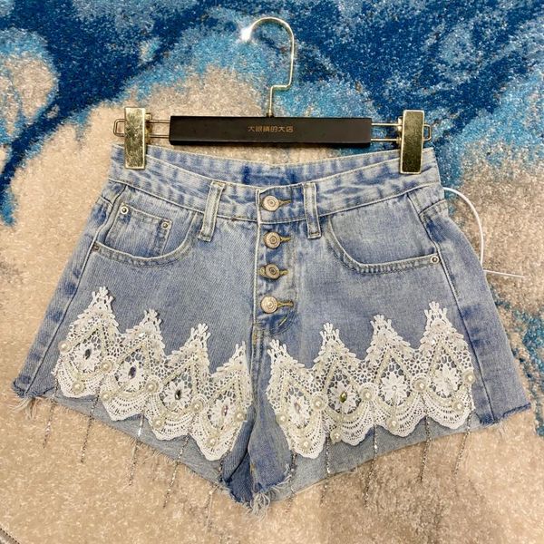 

deat 2020 new summer fashion casual patchwork button rhinestone high waist beaded lace denim shorts women sd409, Blue