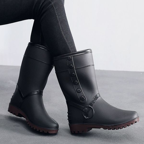 

women rain boots plush warm winter mid-calf boots waterproof black boots square heels shoes round toe platform boot plus size