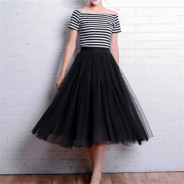 

pleated skirt women skirts elastic 2019 high waist tulle mesh midi skirt vintage womens long a line pleated tutu female longue s1631, Black