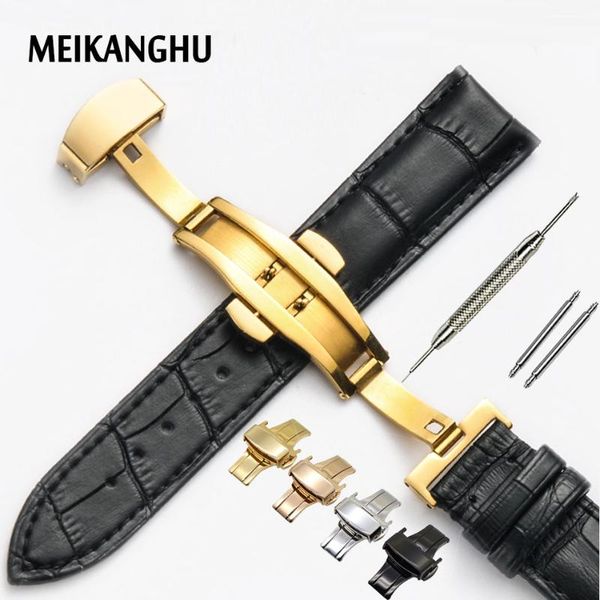 

genuine leather watchband rose gold butterfly buckle watch band croco grain bracelet for watch strap 16 18 19 20 21 22 mm cinta, Black;brown