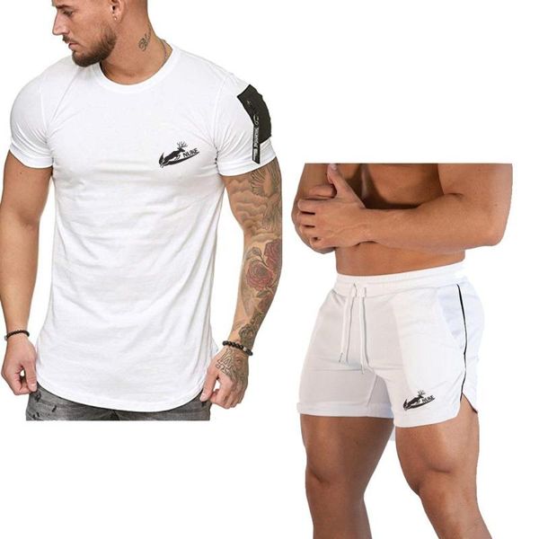 

brand men bodybuilding workout leisure short sleeve t-shirt male breathable mesh quick dry sportswear jogger beach short pants, White;black