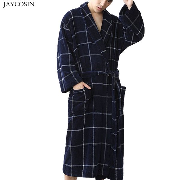 

jaycosin 2019 мужского мода одеяние sleepwear повседневного плед твердой строчка длинный халат главная nightgown пижама robe с длинным рукав, Black;brown