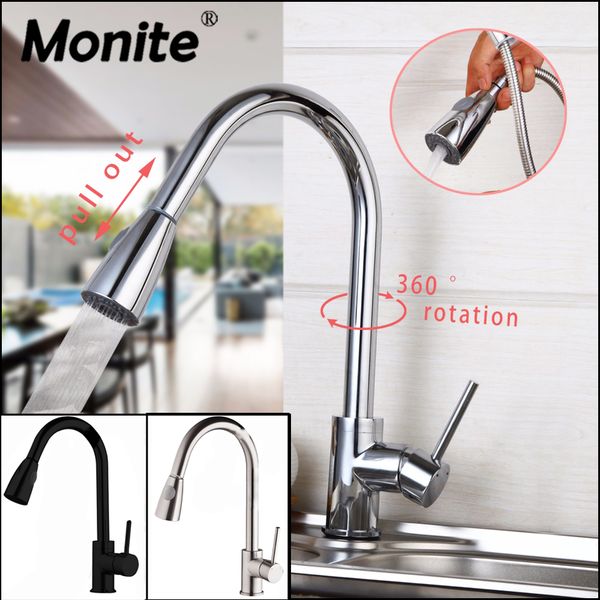 

monite nickel brush black paint chrome finish solid brass spring kitchen faucet two spouts swivel deck mount mixer faucet tap