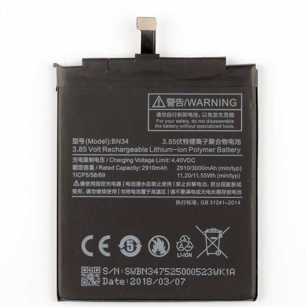 

2910mah bn34 mobile phone backup battery for 5a mobile phone internal lithium ion battery