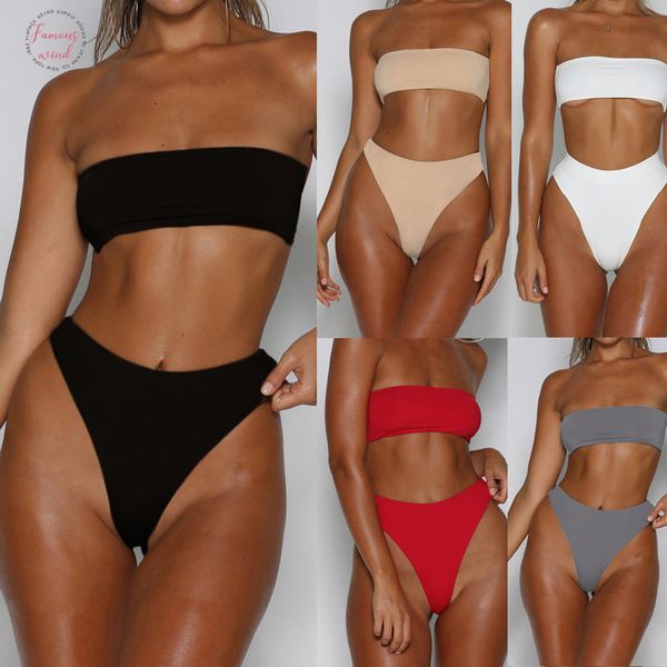 

women summer beach one shoulder solid black red gray beige bikini set padded bra swimwear two piece beachwear mid waist swimsuit, White;black
