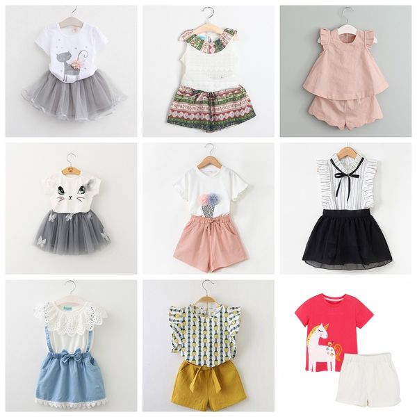 2–7 Jahre Baby-Mädchen-Sommer-Outfits, insgesamt 42 Designs, Freizeitkleidungsset für Kinder, T-Shirt, Oberteile + Röcke oder Shorts, Hosen, 2-teiliger Anzug
