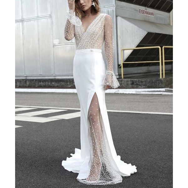 

ordi2020 summer women long party dress long sleeve transparent polka dot see through split maxi dress, Black;pink