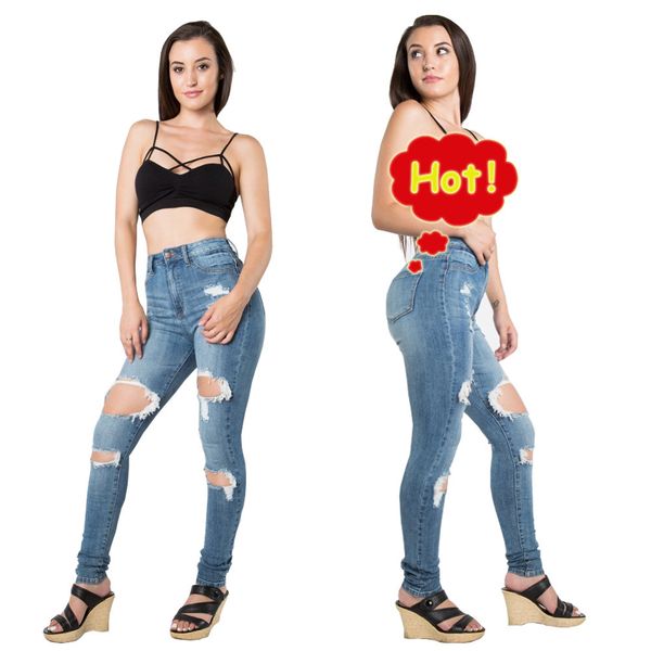 

woman jeans women high waist skinny boyfriend hole ripped jeans slim casual skinny pencil denim pants plus size g3p7, Blue