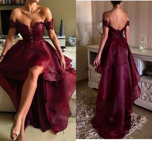

2020 arabic a line burgundy evening dresses off shoulder cap sleeves high low length plus size open back formal prom party gown custom, Black;red