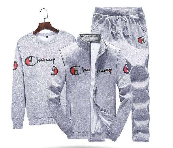 

2019 fashion 3 pieces sets (jacket+pant+hoodies) tracksuit men sporting brand-clothing casual track suit men chandal hombre slim tracksuit, Gray