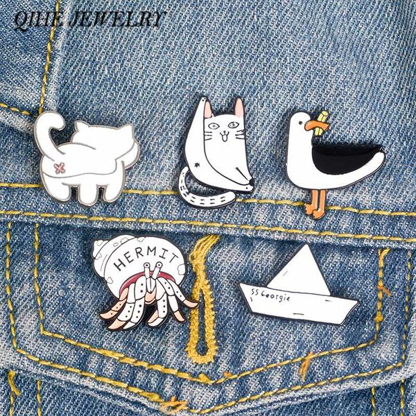 

qihe jewelry white animal pins birds cats boat hermit brooches enamel pins badges men women jewelry gifts, Gray
