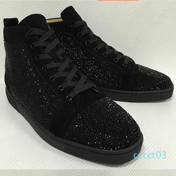 

special offer 2018 suede & black rhinestone strass red bottom shoes men women's flat red sole high-sneaker lace-up casual shoes ct03