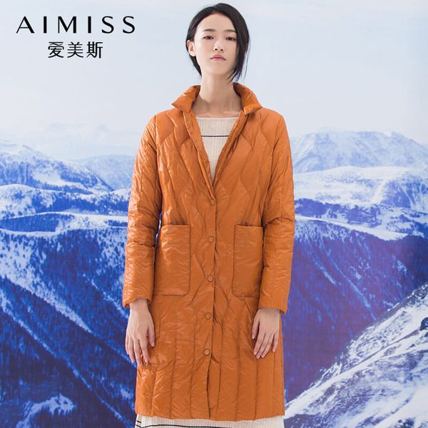

aimiss brand new down jacket fashion orange color stand neck large pockets long down coat outwear clothes trend, Black
