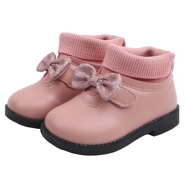 

new autumn winter bow kids shoes leather boots children leather girls non-slip fashion outdoor snow boots 21-30 sport shoes, Black;grey