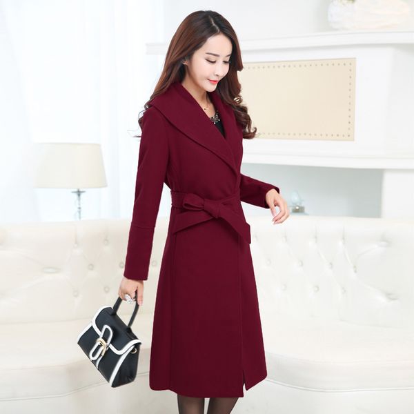

elegant lapel long wool blend winter coat women long sleeve slim belted female outwear coats autumn office lady outerwear, Black