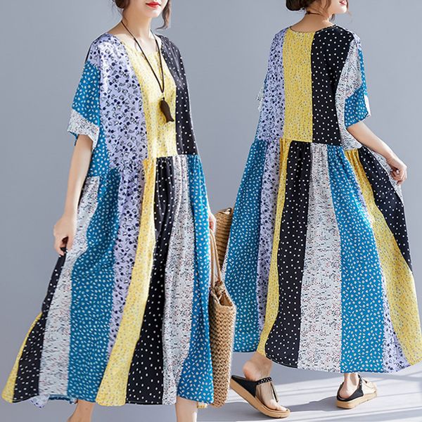

big size 4xl 2019 summer women elegant vintage spliced print ladies female plus large swing long cotton linen casual dress, Black;gray