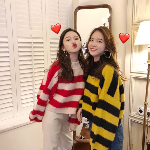 

new korean autumn and winter striped turtleneck puff sleeve loose casual short pullovers sweaters women fashion streetwear 2020, White;black