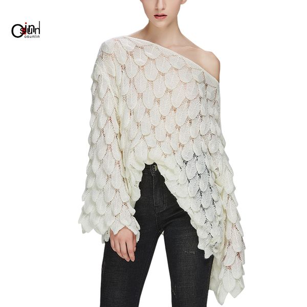 

osunlin women's off shoulder sweater tree leaf batwing sleeve loose oversized pullover knit jumper sweaters spring autumn, White;black