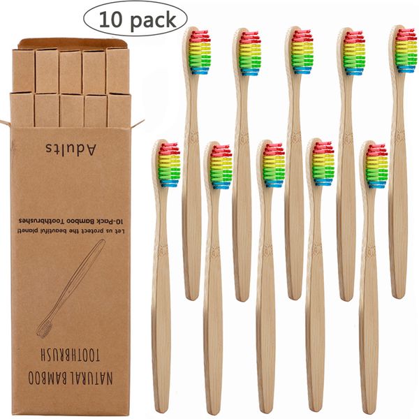 

10pcs/lot toothbrush eco-friendly rainbow bamboo soft fibre toothbrush biodegradable teeth brush solid bamboo handle toothbrush