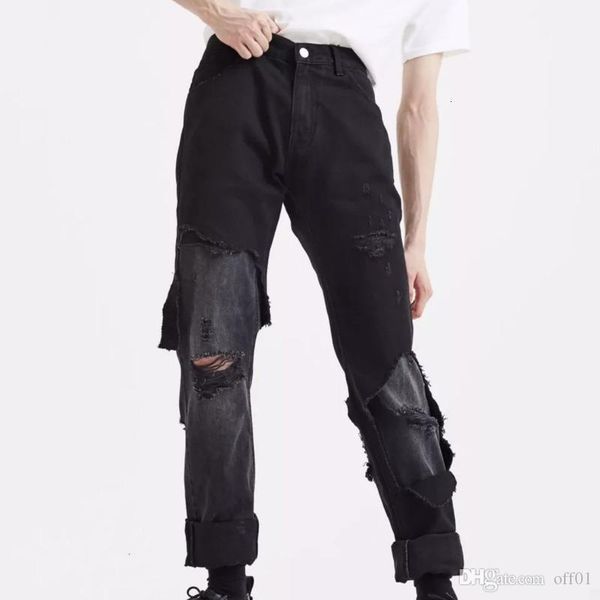 

19fw distressed washed hollow jeans high street retro fashion trousers couple women mens designer jeans hfxhkz015, Blue