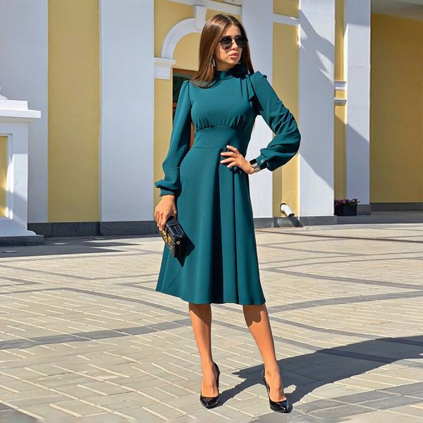 

women casual solid stand collar dress ladies long sleeve vintage elegant dress 2020 spring new fashion knee a-line party dress, Black;gray
