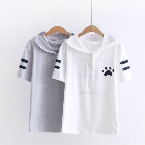 

soft girl junior high school students t-shirt hoodie ' cute hoodie summer clothes tiger ears hooded footprints short-sleeved student fe, White