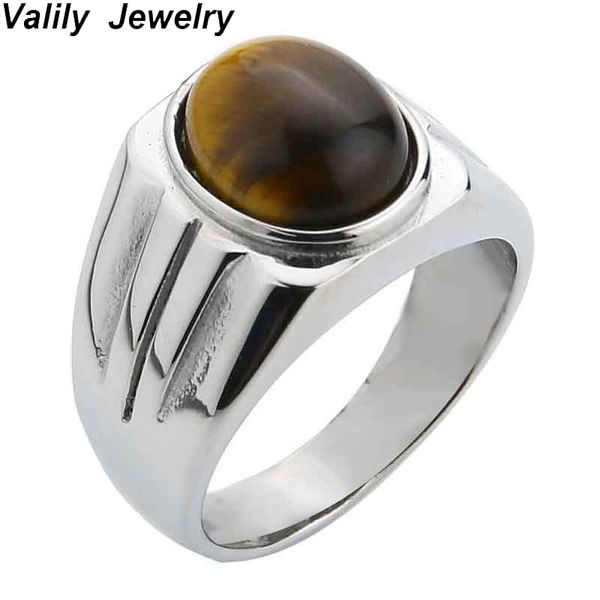 

valily jewelry men's ring simple design oval tiger eye ring for women stainless steel fashion finger band gold color rings male