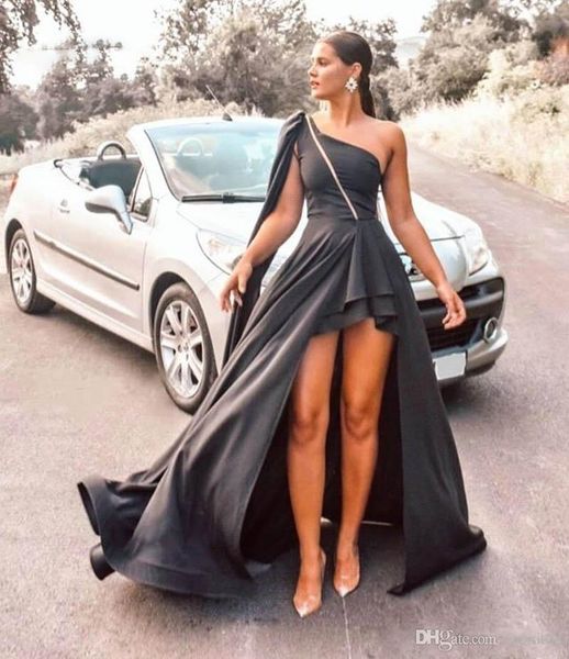 

unique dark gray a line prom dresses one shoulder hi-lo floor length party gowns with watteau train ogstuff vestidos de fiesta, Black
