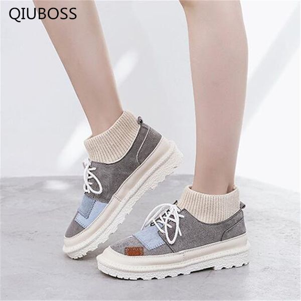 

qiuboss new woman's shoes female high-lace plus splice velvet warm casual shoes canvas flat woman boots q704, Black