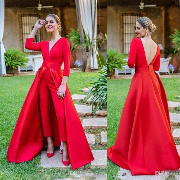 Vestidos ocasião romântica Novo Design Formal Red Vestidos Árabe cetim Ternos Calças profunda V Neck Com overskirts Open Back festa especial