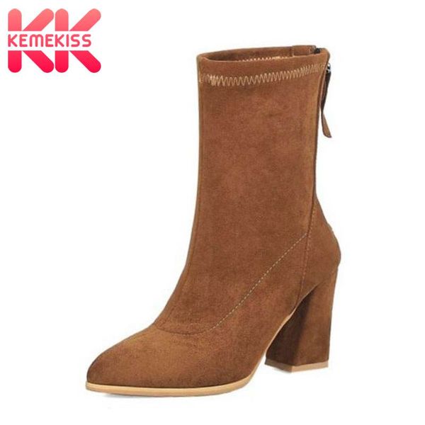 

kemekiss women mid calf boots winter new fashion stretch shoes women square heels office keep warm zipper footwear size 31-43, Black