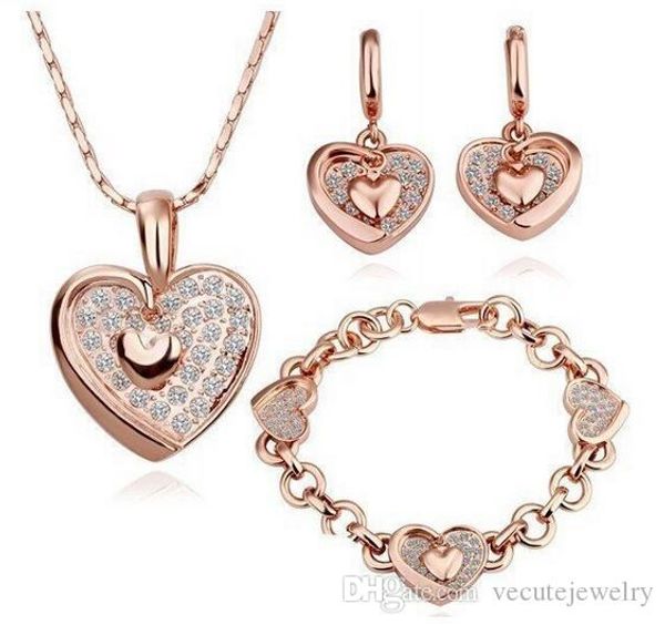 

luxury 18k rose gold silver plated heart austrian crystal necklace earrings bracelet jewelry sets for women, Black