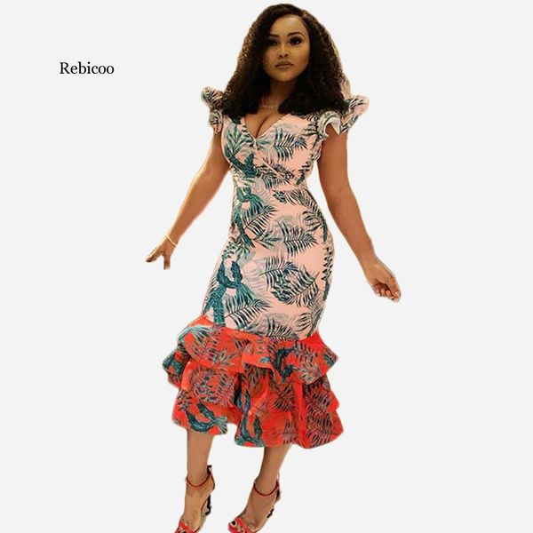 

new women flare short sleeve v-neck leaf print cascading ruffles hem mermaid midi dress party dresses vestidos, Black;pink