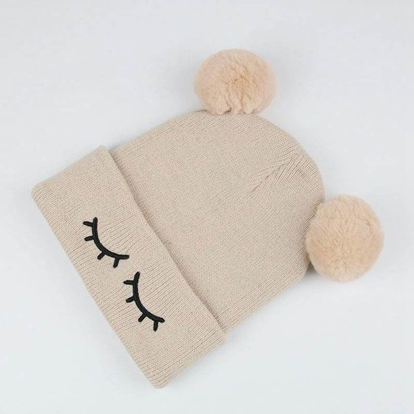 

cute baby winter hat крючок двойных помпонные шляпы для детей вязаной шерсти теплого beanie вышивки глаза фур шаровых девушки boy cap, Yellow