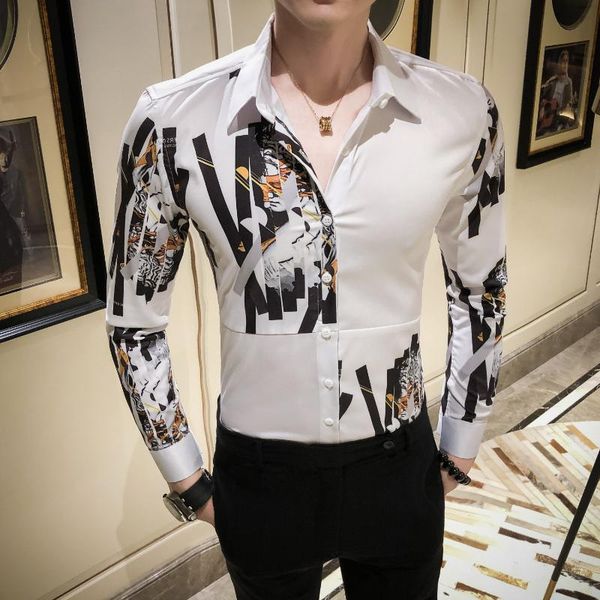 

black print club 2020 spring long sleeve button down clothing camisas masculina slim fit flower shirt men, White;black