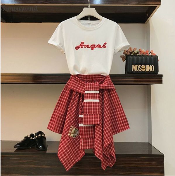 

новой весна женщины простого письмо t shirt high 2019 waisted нерегулярного плед юбка из двух частей студентой женщина юбки костюмов, White