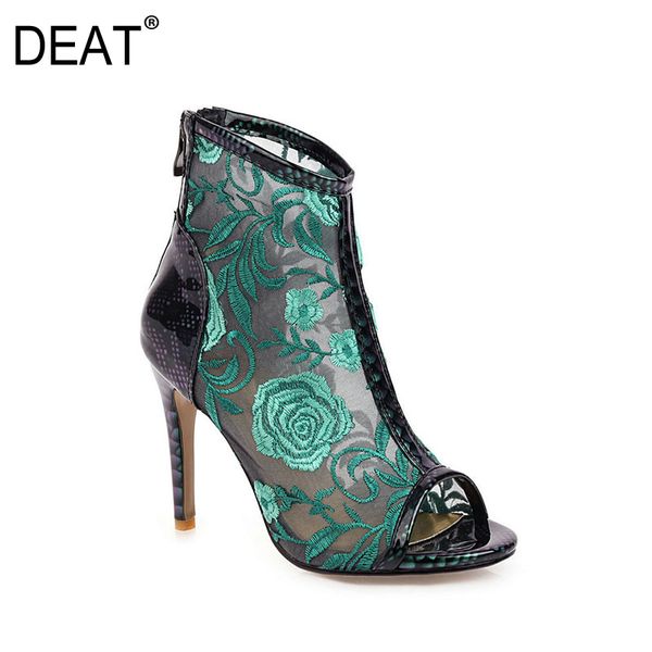 

deat] 2020 round toe zipper mesh crystal hollow out embroider single women cool boots new spring summer fashion tide 10g187, Black