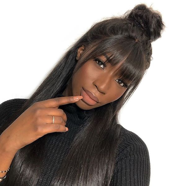 

360 lace frontal wig with bangs straight lace front human hair wigs for women pre plucked with baby hair, Black