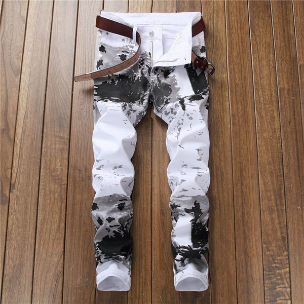 

2019 new men's white printed jeans trend straight slim pants night club flower pants more size 29-34 36 38, Blue