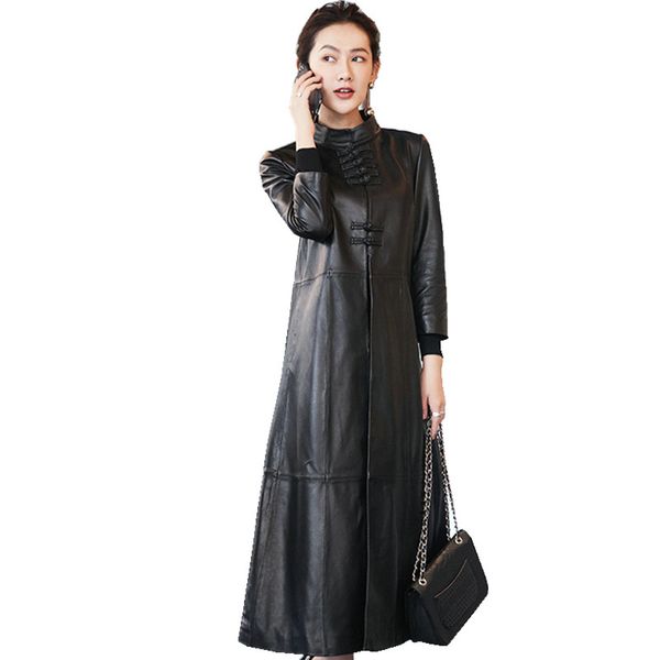 

vintage genuine leather jacket women autumn winter long trench female real sheepskin coats chinese style z291, Black