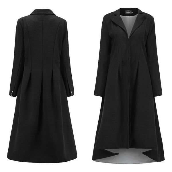 

осень зима женщины ласточкин хвост шерсть длинные черные тренч пальто тонкий блейзер платье 4xl 5xl плюс размер свободные гот тренч пиджаки, Black