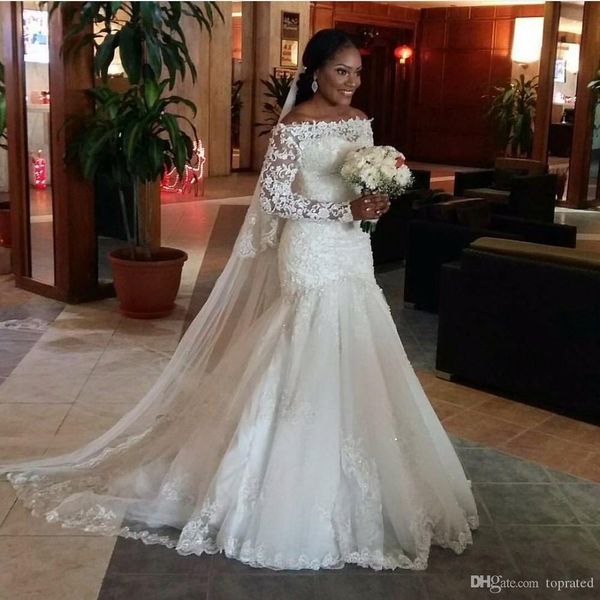 

mermaid wedding dresses long sleeveless off shoulder modest lace appliques beads bridal gowns custom made vestidos de noiva, White