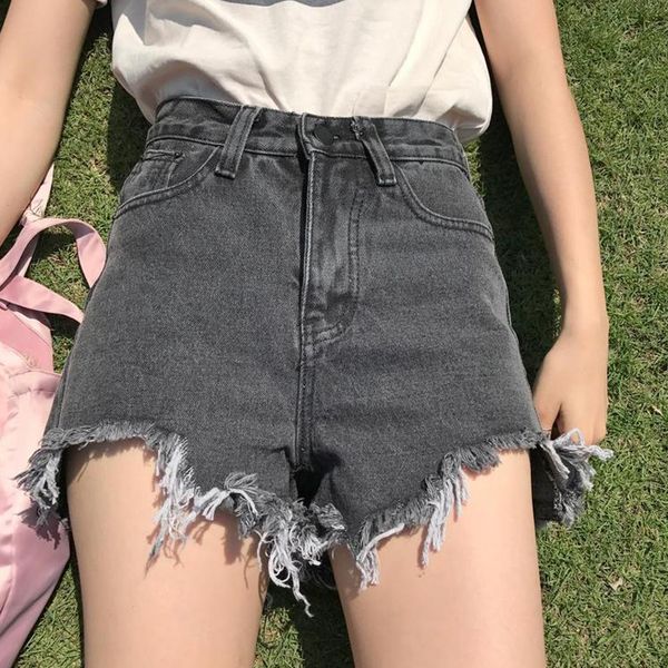 

2020summer high-waisted skinny wide-leg jean shorts for women versatile loose black student pants with a rough edge, White;black